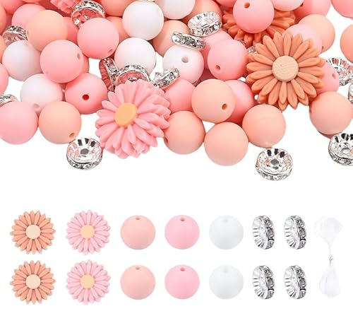 Silikon-Perlenset für Schmuckherstellung, 80 Stück, 12 mm, Gänseblümchen-Design, Grün-Weiß-Beige, mit Strassrondellen (Rosa)