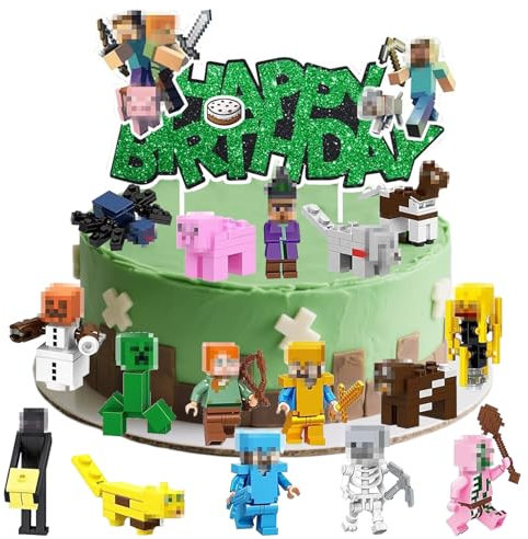 Kuchen Deko Kindergeburtstag Junge,17-teiliges Pixel Figuren Set zum Selbstbauen, Nicht Essbare Cake Topper für Videospiel Mottoparty