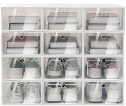 YlluySmn 24 pcs Stackable & Transparent Plastic Shoe Box Tidy Storage Shoe Storage Organizer Cabinet 13 * 9.1 * 5.5in,Round Hole and Buckle Connection,for storing shoes put such items as cosmetics
