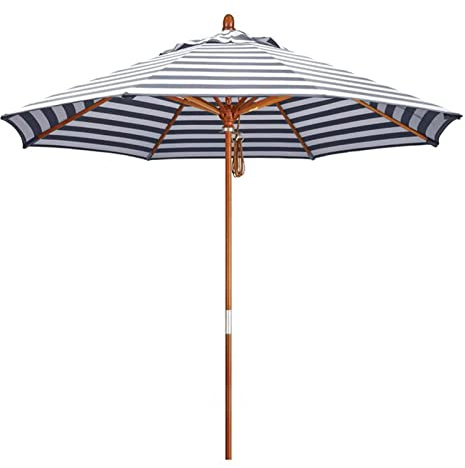 QUSYZD Ombrellone da Giardino a Strisce Blu-Bianche da 2,7 m, ombrellone da Patio in Legno azionato da carrucola con 8 Stecche, meccanismo a carrucola con Corda, Tenda da Sole per,