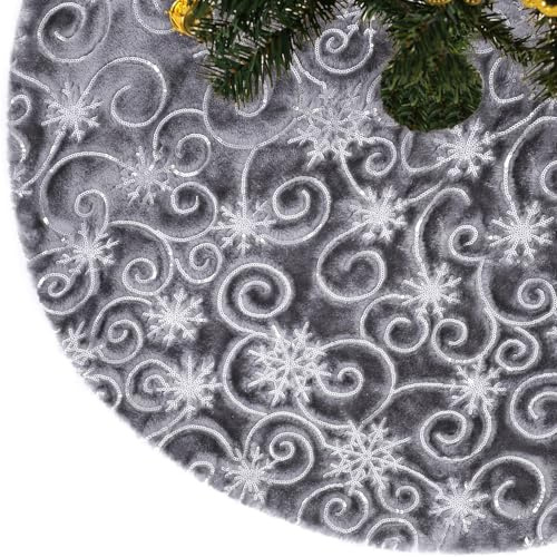 CITÉTOILE Weihnachtsbaum Rock Christbaumdecke Kunstfell Glitter Schneeflocke Rund Weihnachtsbaumdecke Fell Christbaumständer Teppich für Weihnachtsfeiertag Deko, Grau, S
