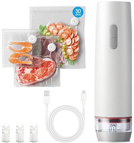 Envasadora al vacío: sellador al vacío de mano con 30 bolsas de vacío reutilizables, sellador al vacío de mano para alimentos, portátil, mini sellador al vacío, para casa, viajes, camping y
