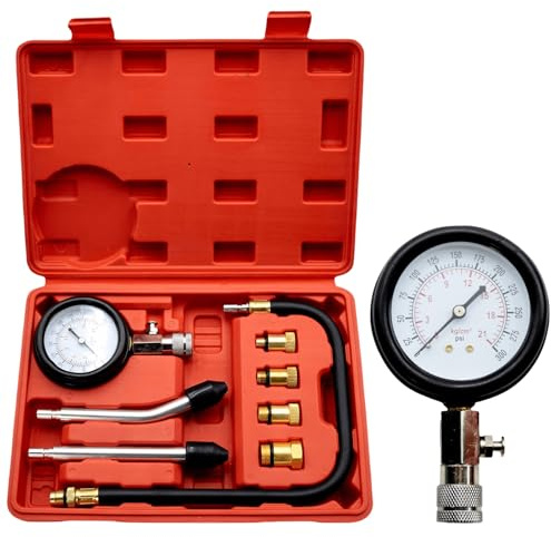 BAIFULAI Tester di compressione per benzina e diesel: Misuratore di pressione dell'olio con 4 adattatori M10 M12 M14 M18, Misuratore di compressione per auto, camion, moto, Misurazione 0 – 20 Bar o 0