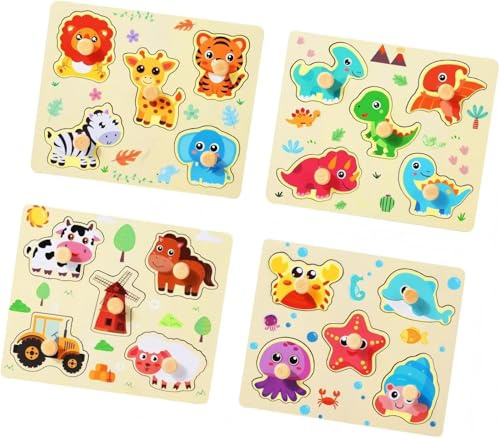 Wooden Puzzles for Toddlers, 4 Pack Animal Theme Jumbo Knob Wooden Matching Jigsaw with Handles, Montessori Preschool Educational Peg Puzzle Set Toys for Boy Girl Gift