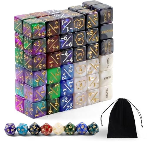 QUTHZZHY 80stk MTG-Würfelzähler-Set, Schlüsselwörter Leben +1/-1 Zähler | Schild Lebenszähler, MTG Würfel Set, mit D20-Würfeln und Tasche, für MTG, TCG, Karten, Gaming-Zubehör