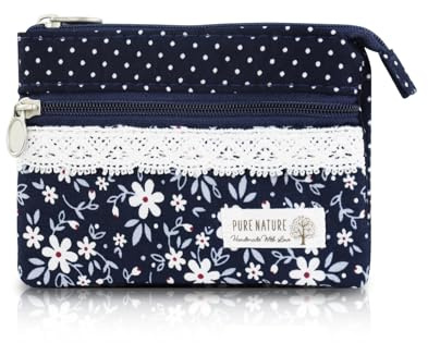 AfitLulu Kleines Portemonnaie Damen Canvas Geldbeutel Damen Klein, 2 Lagen Reißverschlusstaschen Mini Geldbörse Bohème-Stil Mini Portemonnaie für Münzen, Bargeld und Karten (Blau-Blume)