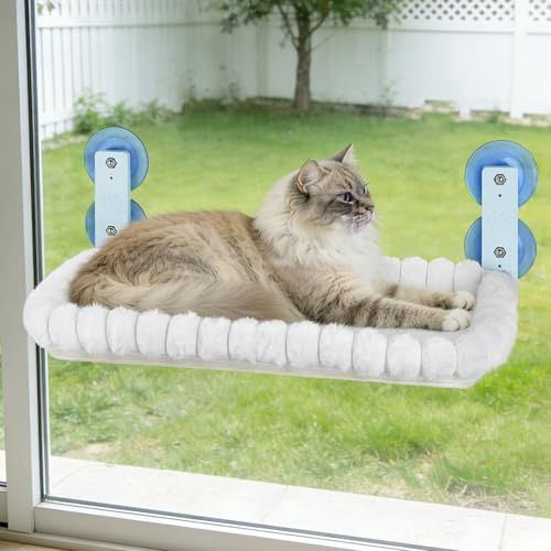 YooxArmor Cordless Cat Window Bed with 4 Suction Cups,Up to 20 kg,60 * 36cm | Foldable Cat Window Hammock with Soft Fluffy Plush Cushion,Cat Window Perch with Sturdy Metal Frame,Machine Washable Cover