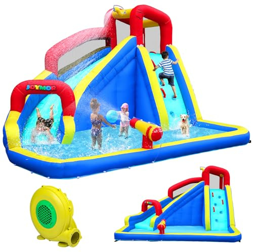 JOYMOR Aufblasbare Wasserrutsche Park mit Splash Pool, Kletterwand, Wasserkanone, aufblasbare Wasserrutschen für Hinterhof, Outdoor, Spaß, Sommer, Wasserspiele für Party, Geburtstagsgeschenk, Blau und