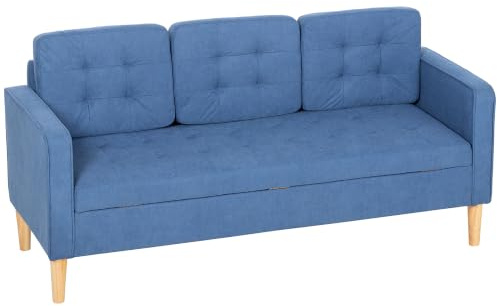 HOMCOM 3 Seater Storage Sofa with Hidden Under Seat Storage Blue | Fabric Couch, Thick Cushions, Compact Space Saving Settee, Rubberwood Legs, Living Room, Apartment
