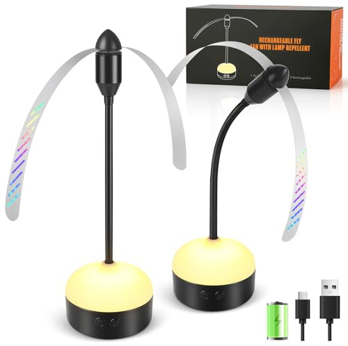 Ulikey Ventilador Moscas, Espanta Moscas para Mesa 2 PCS, USB Recargables Antimoscas con Gancho y Lámpara, Plegable Portátil Antimoscas Exterior Interior para Terraza, Picnic, Barbacoa