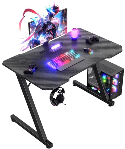 JUMMICO Gaming Desk 80 x 50 cm, Z Shaped Gaming Table Computer Desk PC Gamer Desk for Home Office, Gaming Desk with Headphone Hook, Black