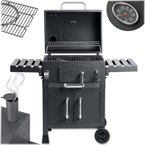 Berdsen BBQChef - Barbecue a carbonella con camino e griglia in ghisa, 41,5 x 57 cm, vassoio per carbone regolabile in altezza, termometro, ripiani laterali pieghevoli, mobiletto inferiore, griglia su