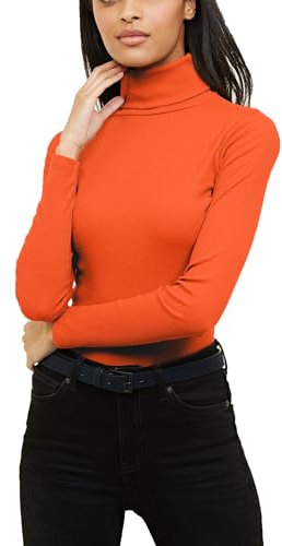Re Tech UK Ladies Plain Ribbed Cotton Polo Turtle Roll Neck Tunic Top Jumper Full Sleeve, Orange, L/XL 16-18 Plus Size