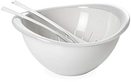 OMADA Design Insalatiera e Colapasta con Posate, Plastica Resistente, 26 cm di Diametro, Made in Italy, Lavabile in Lavastoviglie, Linea Trendy (Set bianco)