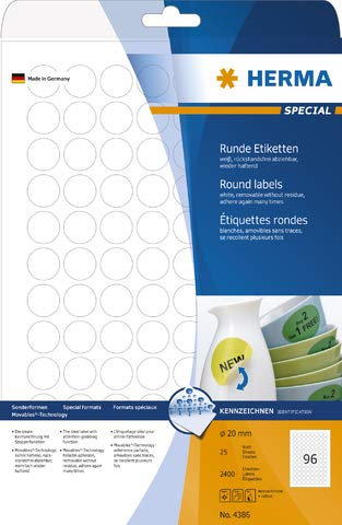 HERMA Etikett, Inkjet/Laser/Kopierer, selbstklebend, ablösbar, rund, Ø: 20 mm, weiß (2.400 Stück), Sie erhalten 1 Packung á 2400 Stück