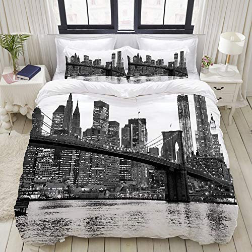 SnowXXL Bettwäsche-Set, Mikrofaser,Brooklyn Bridge- und Manhattan-Skyline nachts, New York City,1 Bettbezug 160 x 200cm + 2 Kopfkissenbezug 80x80cm