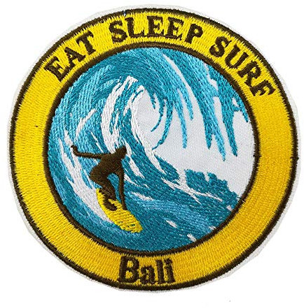 Aufnäher / Bügelbild, Motiv: Eat Sleep Surf Bali, bestickt, zum Aufbügeln oder Aufnähen, Indonesien, Surfen, Reisen, Souvenir