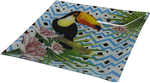Koop Homewares 31cm Large Square Glass Serving Plate Salad Plate Bright Nature Colours (Toucan)