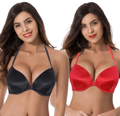 Curve Muse Women Push Up Add 1 and a Half Cup Underwire Halter Front Close Bras -2PK-Black,Red-42B (EU:95B)