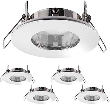 National Lighting Fire Rated LED Downlight Fittings - Round Ultra Slim, Chrome Downlights for Ceiling - IP65 Rated Bathroom Spotlights - 7W 240V LED GU10 (Not Included) - Pack of 4