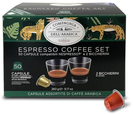 Caffè Corsini - 50 Capsules Compatibles Nespresso Mono-origine Assorties + 2 Tasses en Verre, Coffret Cadeau, Café 100% Arabica, 5 Boîtes de 10 Capsules