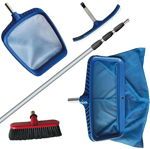 FenWi 8m Teleskop Pool Teich Set mit 2X Kescher und 2X Bürste/Teleskopstange mit Oberflächenkescher Tiefenkescher Poolbürste Teichbürste