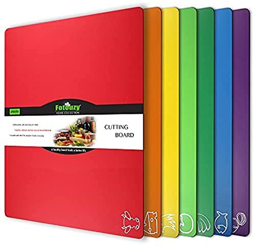 Fotouzy Plastic Cutting Boards for Kitchen, Flexible Cutting Mats Set of 7 with Food Icons, BPA-Free, Upgrade 100% Anti-Skid, Dishwasher Safe, 15x12 in, Rainbow Colors