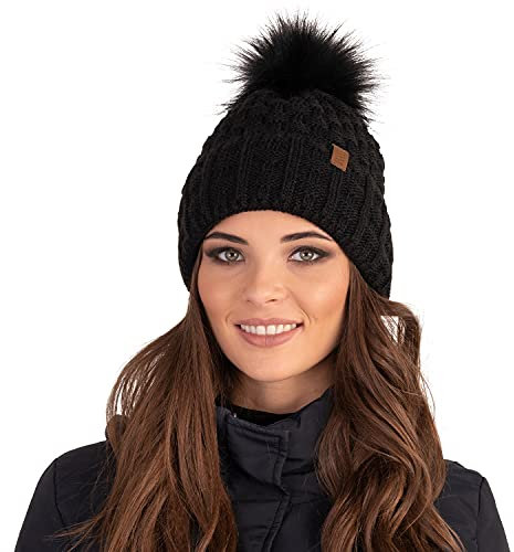 VIVISENCE Wintermütze Mit Bommel Damen Perfekte Passform Warmes Bommelmütze Herbst Frauen Mütze Für Winter Aufgerolltem Design Für Extra Wärme Ideal Für Kalte Wintertage Modell, Schwarz,Einheitsgröße