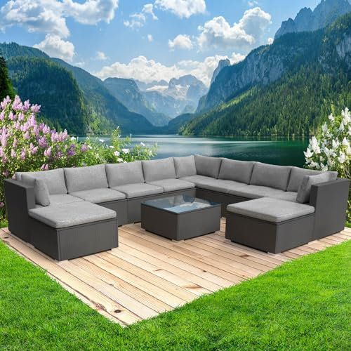 BRAST® Gartenmöbel Lounge Set XXL | 8-12 Personen viele Modelle & Farben | inkl. extra Dicke Kissen | TÜV geprüft | Outdoor Loungemöbel Sitzgruppe Essgruppe Garnitur | Freedom Schwarz