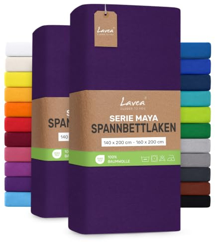 Lavea® 2er Pack Jersey Spannbettlaken 140/160x200cm – Dunkellila | 100% Baumwolle – Weiches Bettlaken für Matratzen bis 20 cm Höhe – Formstabil und Langlebig