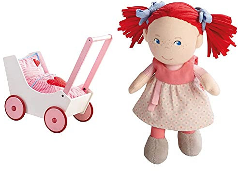 HABA 950 - Puppenwagen Herzen, niedlicher Puppenwagen mit zweifach verstellbarem Bügel, Matratze, Kissen und Decke, ab 12 Monaten & 5737 - Puppe Mirli weiche Stoffpuppe, ab 6 Monaten