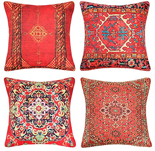 HomeStilez 4er Dekorative Kissenbezüge 45x45 Antiker Orientalischer Teppich Kissenbezug Leinen Quadratische Dekokissenbezüge Ethnische Wohnkultur Outdoor Schlafzimmer Couch Sofa Wohnzimmer Rot