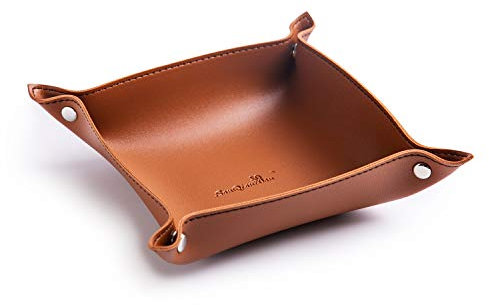 SANQIANWAN PU Leather Jewelry Valet Tray for Women and Man, Portable Entryway Table Tray Bedside Nightstand Desk Tray Small Catchall Travel Dish Plate for Key,Wallet,Watch,Coin (Brown-B)