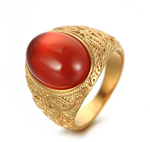 Gualiy Edelstahl Ring Männer, Ringe Herren Punk, Vintage Blume mit rotem Stein Jubiläumsringaus Edelstahl Gold Ringgröße 60 (19.1)