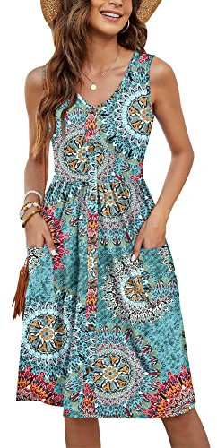 MOLERANI Midi-Kleider für Damen, Sommer, Strand, ärmelloses Kleid mit hoher Taille und Knöpfen (Print Grün, S)
