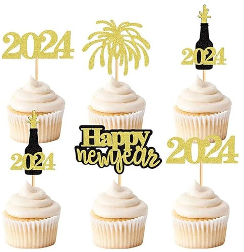 24 Stück Happy New Year 2024 Cupcake Topper Kuchen Picks für Silvester 2024 Party transparente Leckerli-Plektren (Gold)