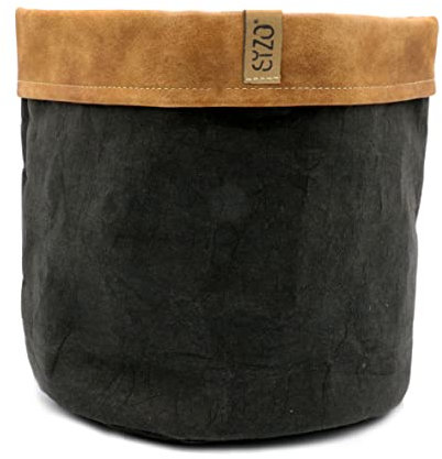 DEKO MARKET Pflanzkorb Blumentopf Übertopf Korb Aufbewahrungskorb aus Papier in schwarz mit Rand aus weichen Kunstleder, Ø 20 cm, Höhe: 20 cm