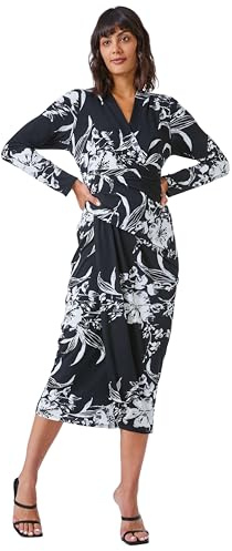 Roman Originals Floral Fitted Jersey Wrap Dress for Women UK - Ladies Spring Everyday Summer Holiday Autumn Winter Pull-On Comfy Soft Vacation Work