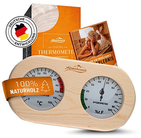 ALPENHAUCH Sauna Thermometer Hygrometer Holz [2in1 Funktion] - Besonders präzises Saunathermometer mit gehärtetem Glas - Automatische Kalibrierung - Edles Sauna Zubehör - Hygrometer Thermometer Sauna