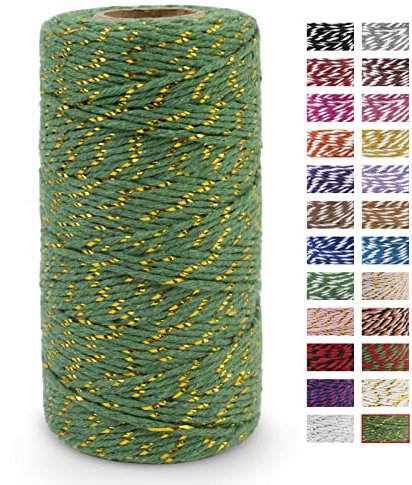 LEREATI Cordoncino Cotone Baker's Twine Spago per Decorazioni Spago da Cucina Natalizio Corda Colorata Filo Cotone per Decorazione, Confezioni Regalo, Artigianato Fai da Te (Oro e Verde)