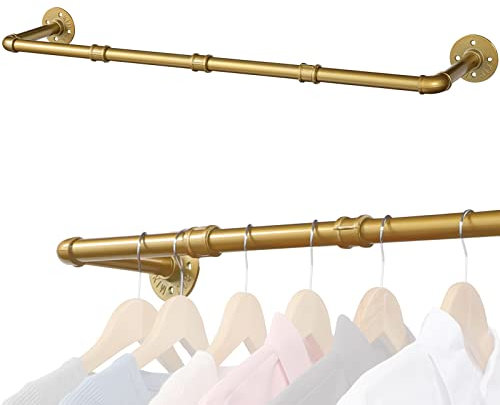 Vintage Kleiderstange Wandmontage Golden 100cm, Klassische Industrie Kleiderständer Garderobenstange mit 25cm Abstand zur Wand