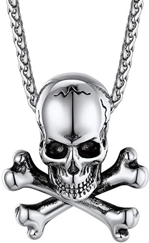 Silver Skull Necklace Pirate Jewelry Punk Necklace for Men Skull And Crossbones Chain Gothic Necklace Biker Necklace Devil Chain Skeleton Necklace
