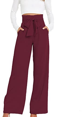 LIAOPUFUS Donna Pantaloni Stile OL Office Wear Pantaloni da Pendolare Fluidi Pantaloni da Lavoro con Cintura a Gamba Larga (Rosso-1,XL)