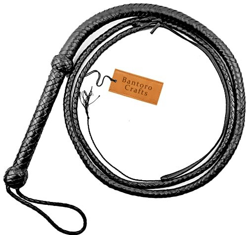 Bantoro Crafts Noir Fouet en Cuir véritable Cravache 3 à 8 Pieds / 0,9 à 2,4 mètres de Longueur 12 Tresses Brins Cuir tressé Fouet craquant Fort Equitation Cuir de Vachette (4 Pieds (1,21 Mètre))