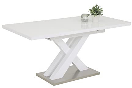 Hela Tische, Säulentisch Elvira, Holzwerkstoff lakiert, Hochglanz Weiß + 4mm Glasplatte, Bodenplatte Edelstahl, ausziehbar 120-160x80cm