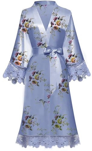 Y WJing Yi Jia Womens Floral Robes Kimono Robe Dressing Gown Bridal Robe Silk Robes Satin Bathrobe Nightdress Short Style Morning Robes Lace Trim Robes Kimonos Blossoms Robes Dusty Blue-B