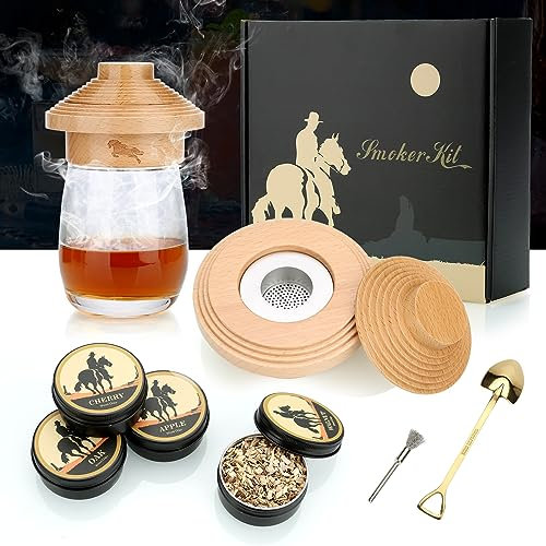 TMEOIIPY Cocktail Smoker Kit,Whisky Steine, Cocktail Zubehör mit 4 Geschmacksrichtungen Holzchips,Old Fashioned Whiskey Smoker Drinks Kit Geschenke für Männer, Papa, Ehemann,Cocktail Smoker
