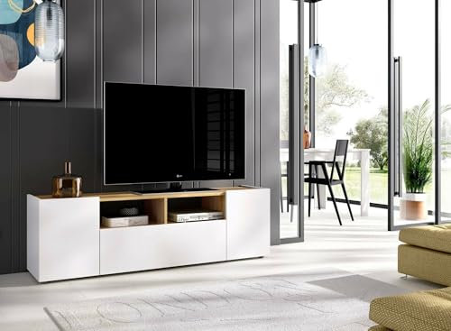 Dmora - Mobile porta TV Etna, Credenza bassa da soggiorno, Madia da salotto per televisione, 142x35h44 cm, Bianco e Rovere Nodi