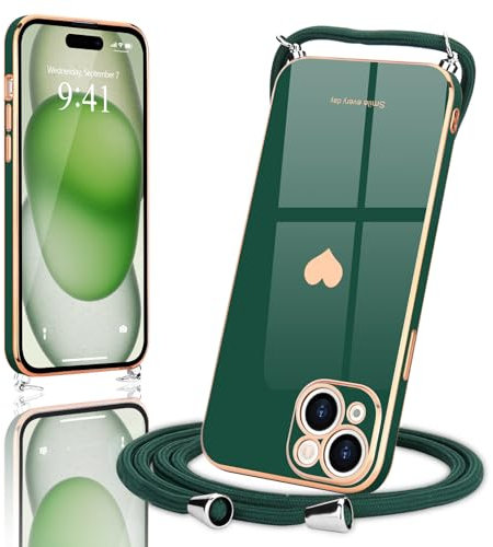 Wirvyuer Handyband Kompatibel mit iPhone 15 Handyhülle Necklace Hülle mit Band zum Umhängen Kameraschutz Liebesherz Schutzhülle mit Halsband Galvanik Silikon Umhängetasche für iPhone 15 Dunkelgrün