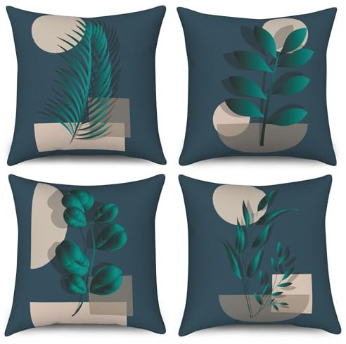 ASDCXZ Blätter Kissenbezug 60x60 cm 4er Set, Modern Türkis Blätter Dunkelblau-grün Beige Sofa Dekokissen Kissenbezüge Kissenhülle Waschbar Polyester Textil Outdoor Kopfkissenbezug Kissen Bezug